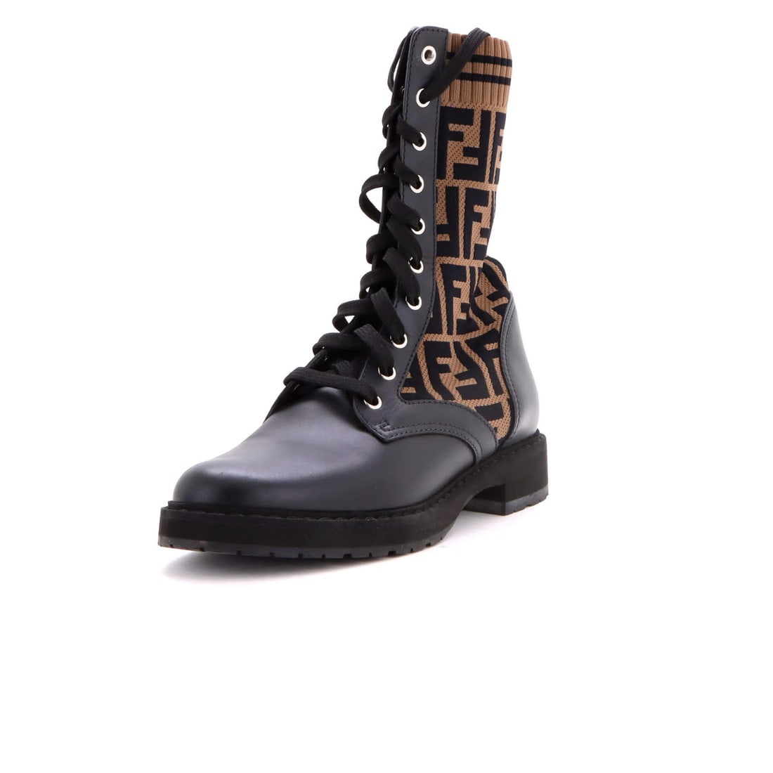 Fendi Women's Rockoko Combat Boots Leather and Zucca Knit Stretch Fabric: Fendi Women's Rockoko Combat Boots Leather and Zucca Knit Stretch Fabric Brown Fendi Rockoko Combat Boots with a unique blend of leather and Zucca Knit Stretch Fabric, offering a distinctive look. The