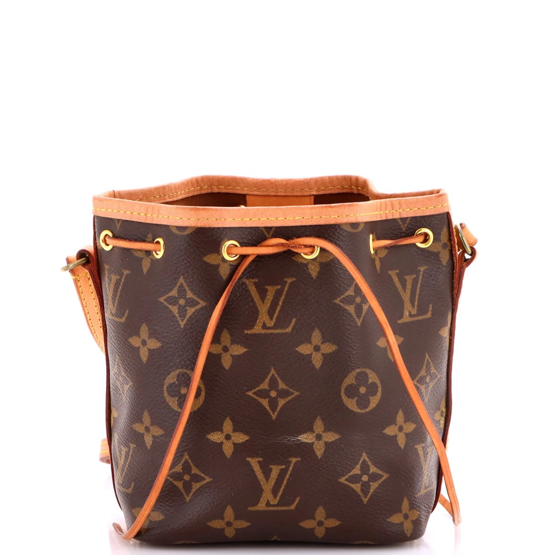 Louis Vuitton Noe Handbag Monogram Canvas Nano: Louis Vuitton Noe Handbag Monogram Canvas Nano The Louis Vuitton Noe Handbag Monogram Canvas Nano boasts a rich, brown canvas exterior with subtle signs of wear, adding to its unique character. This