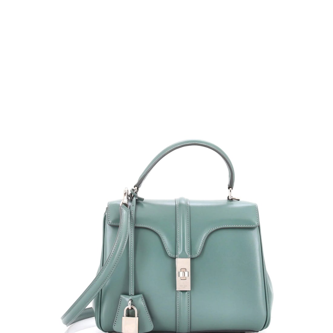 Calfskin Handle Top Bag Small Celine 16: Calfskin Handle Top Bag Small Celine 16 The Calfskin Handle Top Bag Small Celine 16 boasts a sleek, green exterior crafted from high-quality leather, complete with smooth calfskin details. Measuring 7