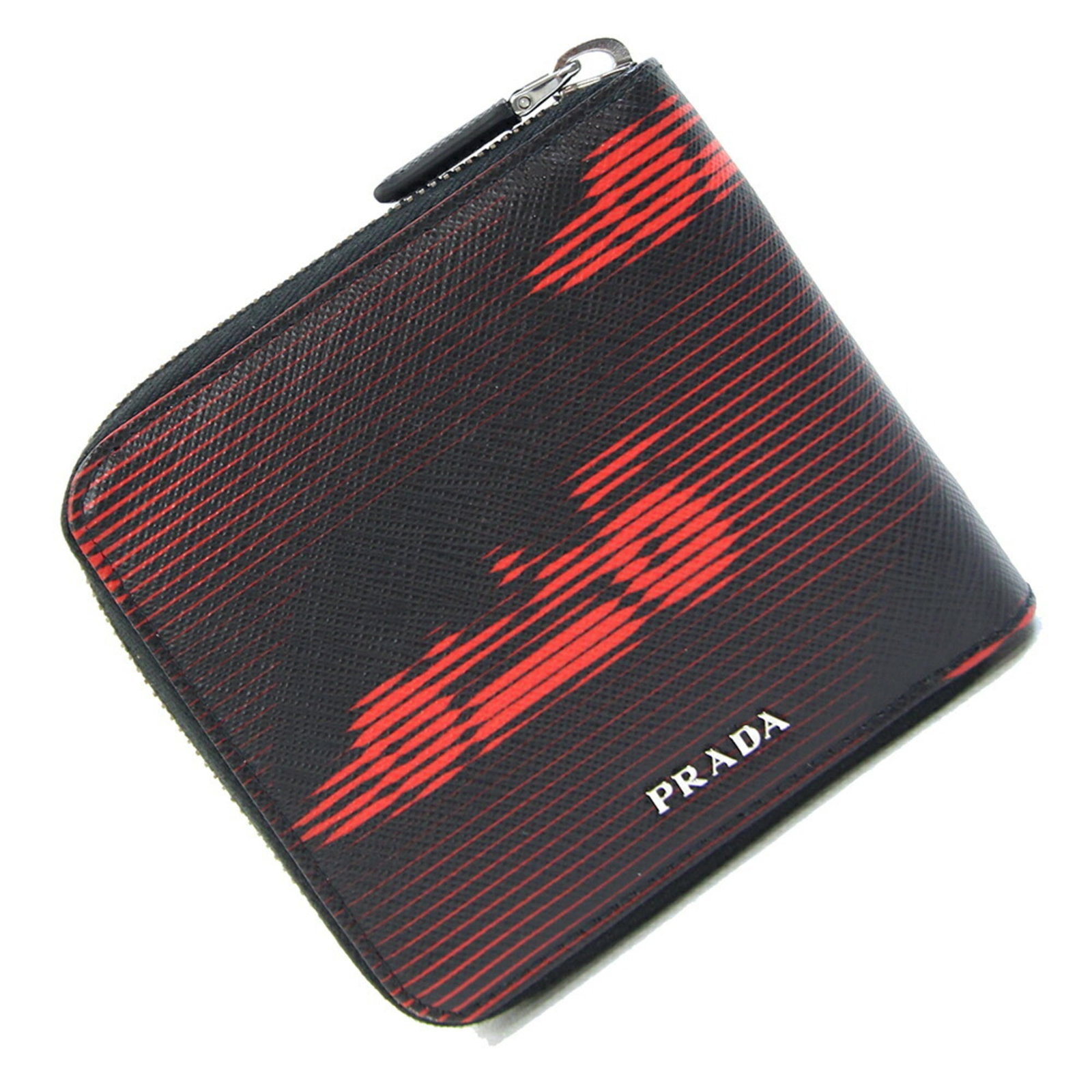 Bi fold leather wallet: Bi fold leather wallet Made from high-quality leather, this bi-fold wallet from Prada features a sleek black design and a bold red accent. The compact 10cm x 11cm size makes it easy to carry, and the 