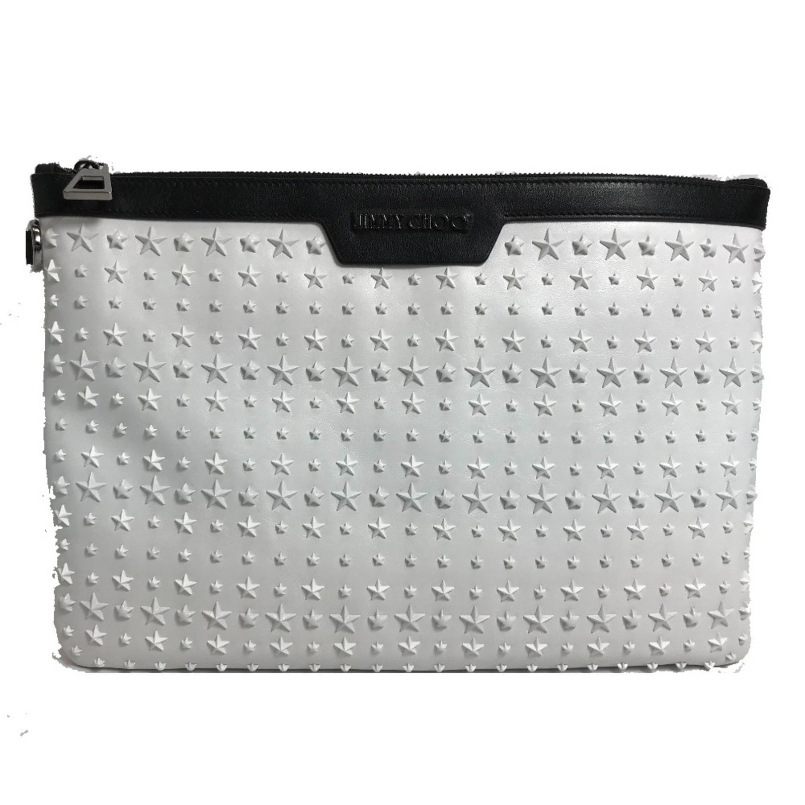 Jimmy Choo Leather Clutch Bag: Jimmy Choo Leather Clutch Bag This sleek black leather clutch bag from Jimmy Choo boasts a sophisticated design, measuring 25cm x 36cm. The bag comes with a dust bag for added protection and