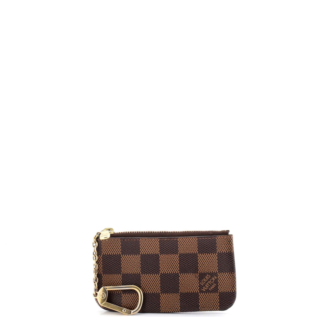 Key Pouch Damier by Louis Vuitton: Key Pouch Damier by Louis Vuitton Brown canvas coated Damier key pouch by Louis Vuitton, featuring a classic design with a gold-toned hardware. Measuring 2.5" in height, 4.5" in width, and 1" in