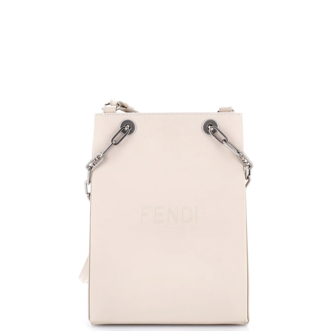 Fendi Chain Shopping Leather Small Tote: Fendi Chain Shopping Leather Small Tote Small, neutral-colored Fendi Chain Shopping Tote with a classic design, featuring aged silver hardware and a durable leather exterior with minor corner wear