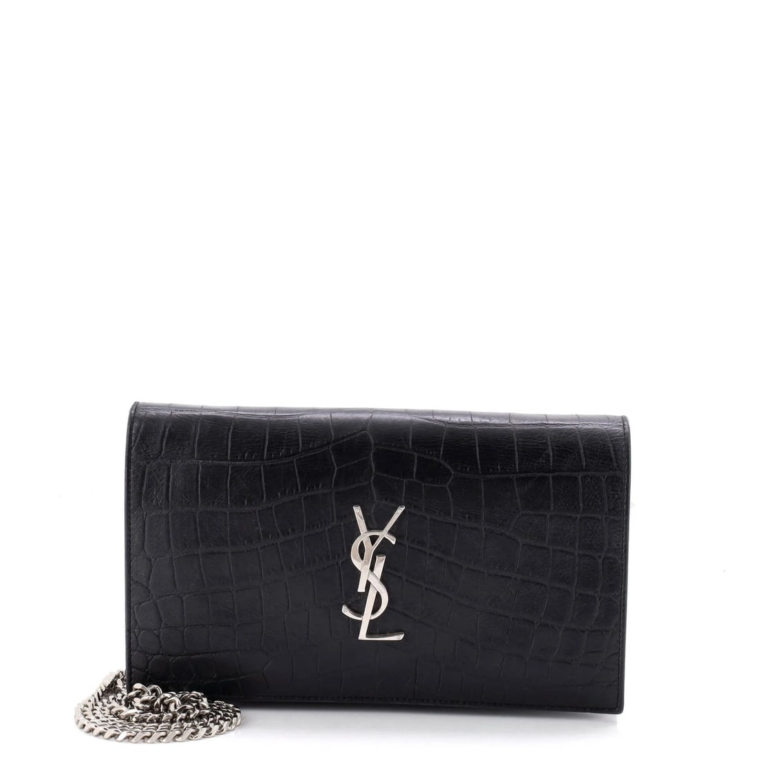 Classic Saint Laurent Monogram Crocodile Leather Clutch: Classic Saint Laurent Monogram Crocodile Leather Clutch Black crocodile embossed leather exterior, a signature Saint Laurent design, adds a touch of luxury to this classic monogram clutch. Measuring 5