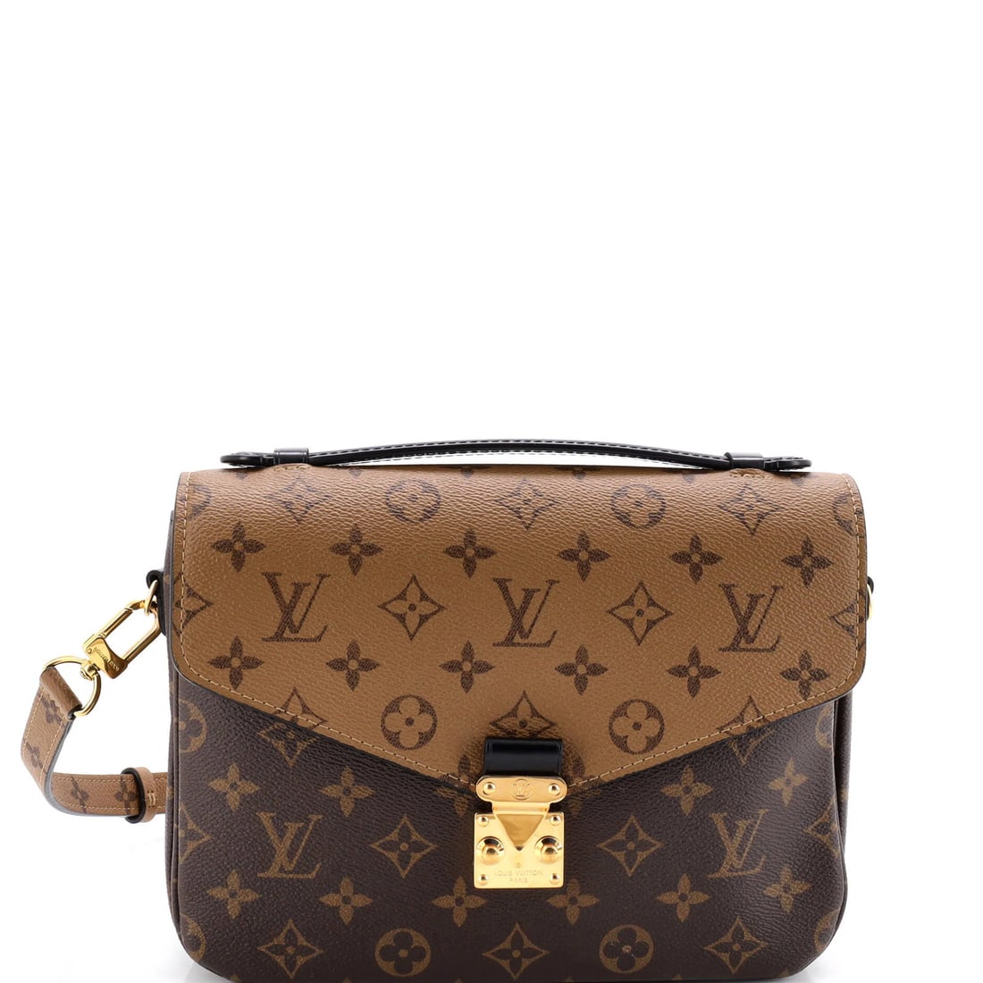 Monogram Reverse Canvas Pochette Louis Vuitton: Monogram Reverse Canvas Pochette Louis Vuitton This Louis Vuitton Pochette Metis Reverse Monogram Canvas Cross Body Bag boasts a rich brown exterior with a canvas-coated finish, featuring the iconic