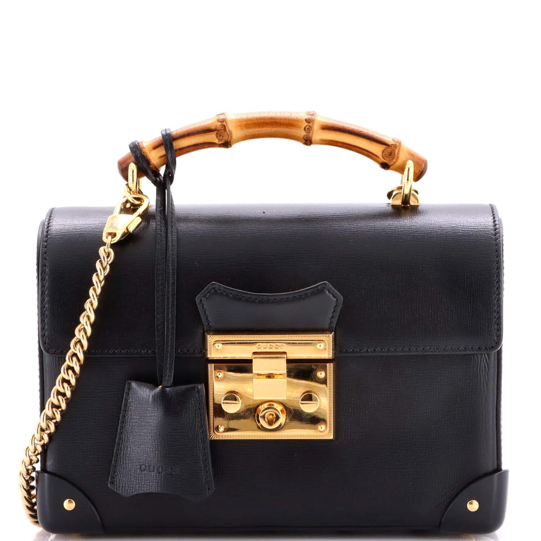 Bamboo Shoulder Bag Leather Small Padlock Gucci: Bamboo Shoulder Bag Leather Small Padlock Gucci Black leather Gucci shoulder bag with a small padlock design, featuring a bamboo shoulder strap and clochette keys. This small bag measures 6.5" tall, 1