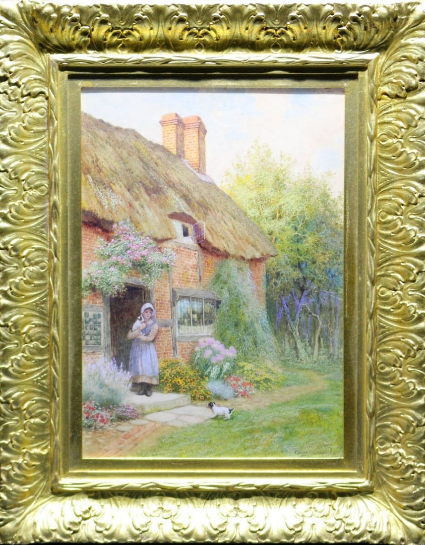 Cottage Girl Puppies Signed Framed By Strachan Watercolor Arthur Claude (1 of 10)