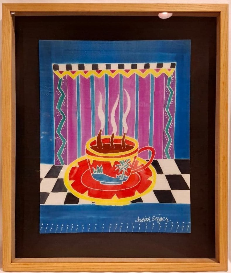 Judith Geiger silk painting teacup signed framed kitchen art: Judith Geiger silk painting teacup signed framed kitchen art Item Specifics: Artist: Judith Geiger Unit Of Sale: Single Piece Signed By: Judith Geiger Size: Medium Signed: Yes Material: Acrylic Fabric