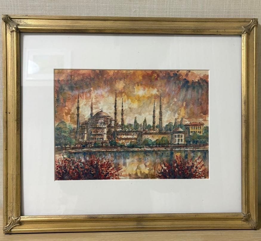Turkish Art Framed Original Watercolor Blue Mosque Istanbul Tankut Bilge (1 of 8)
