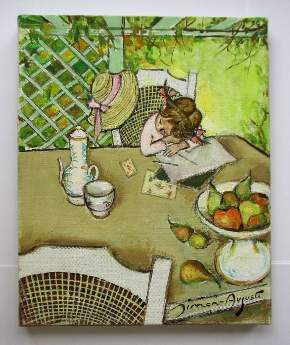 La Petite Sieste F3 Oil Painting Signed Simon-Auguste French Art (1 of 10)