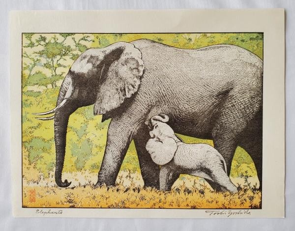 Toshi Yoshida Woodblock Print Elephants Japanese Art Later Printing 19x26cm (1 of 1)