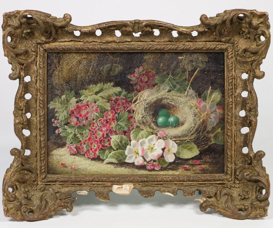 Original Oil Painting Signed Victorian Flowers Bird Nest Oliver Clare: Original Oil Painting Signed Victorian Flowers Bird Nest Oliver Clare Item Specifics: Unit Of Sale: Single Piece Artist: Oliver Clare Signed By: Oliver Clare Size: Small Signed: Yes Material: Canvas F