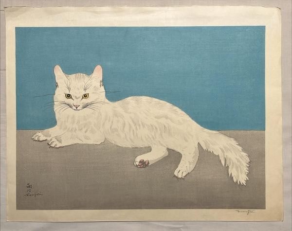 White Cat Signed Japanese Art Tsuguharu Leonard Foujita Woodblock Print (1 of 2)