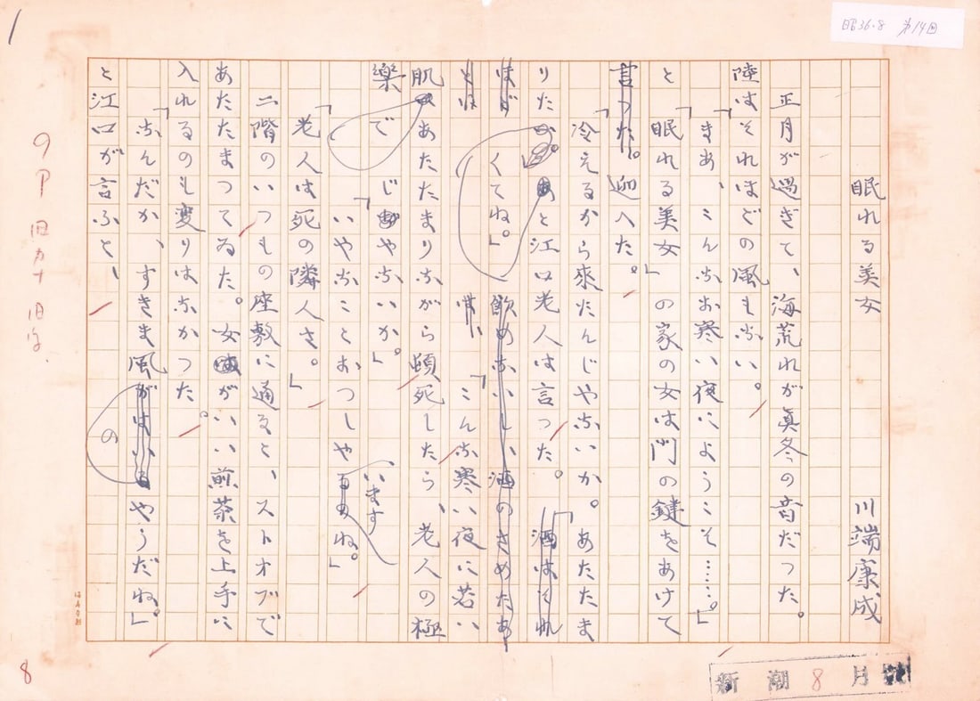 Sleeping Beauties House Manuscript Original Nobel Prize: Sleeping Beauties House Manuscript Original Nobel Prize Item Specifics: Artist: Yasunari Kawabata Subject: House of the Sleeping Beauties (Literature) Material: Ink on Paper Style: Japanese Year Of Pr
