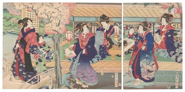 Woodblock Print Go Japanese Beauties Kunisada II 1869 Antique Triptych: Woodblock Print Go Japanese Beauties Kunisada II 1869 Antique Triptych Item Specifics: Artist: Utagawa Kunisada II Subject: Beauties (Bijin-ga) and Go Board Material: Hand-printed on Washi Paper Style