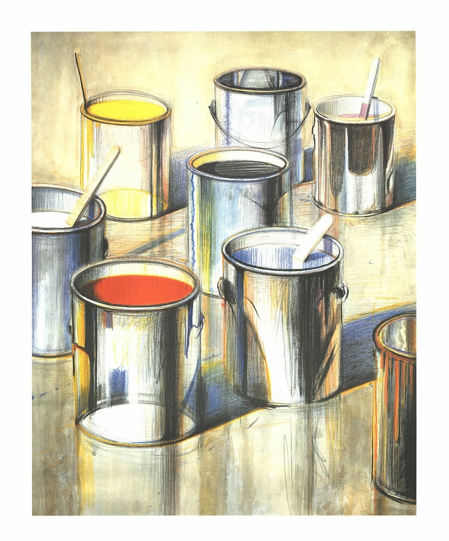 WAYNE THIEBAUD Paint Cans (No text) 32.75" x 27" Poster 1990 Pop Art Red Yellow (1 of 1)