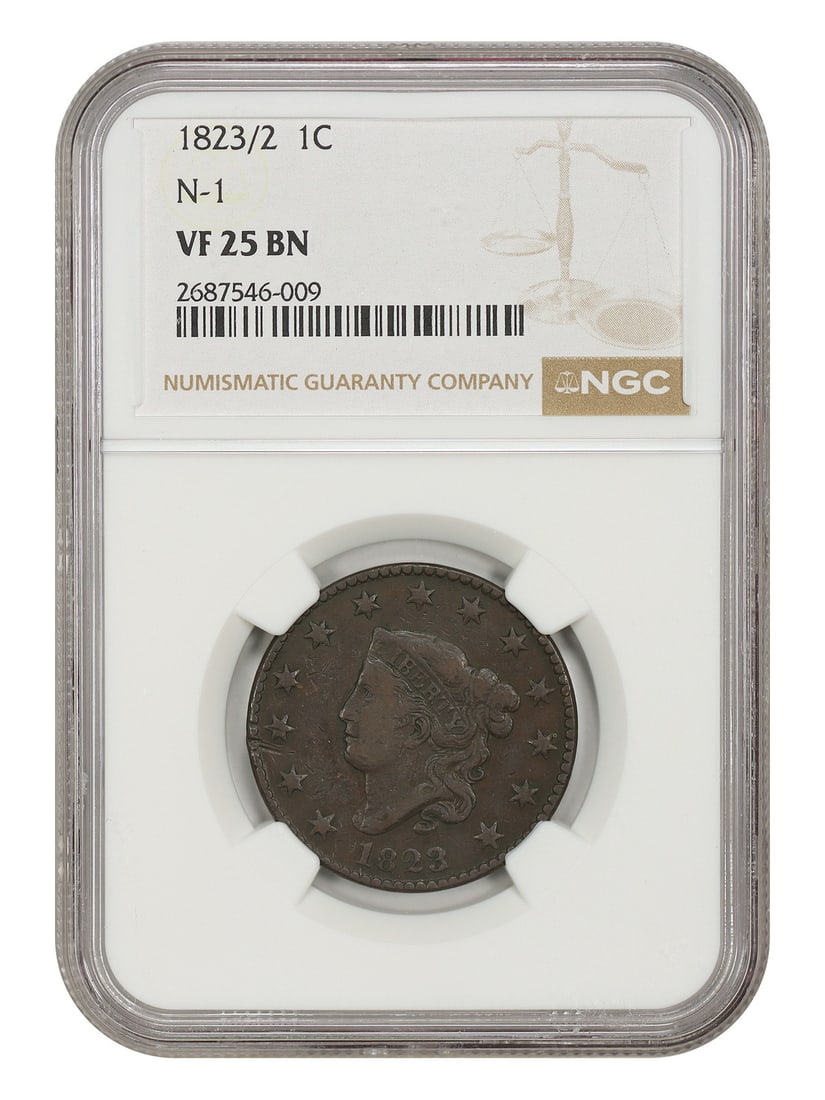 1823/ 2 1C NGC VF25 (Newcomb-1) - Coronet Head Cent: 1823/ 2 1C NGC VF25 (Newcomb-1) - Coronet Head Cent The 1823/2 Coronet Head Cent is a rare and historic coin, certified by the Numismatic Guaranty Corporation (NGC) as VF25. This circulated coin