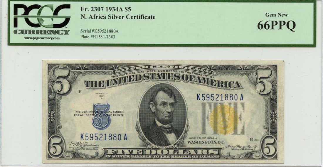 1934A $5 N. Africa - WWII Emergency Issue Fr# 2307 PCGS 66 PPQ: 1934A $5 N. Africa - WWII Emergency Issue Fr# 2307 PCGS 66 PPQ The 1934A $5 N. Africa - WWII Emergency Issue Fr# 2307 is an uncirculated example of a rare and historically significant currency.