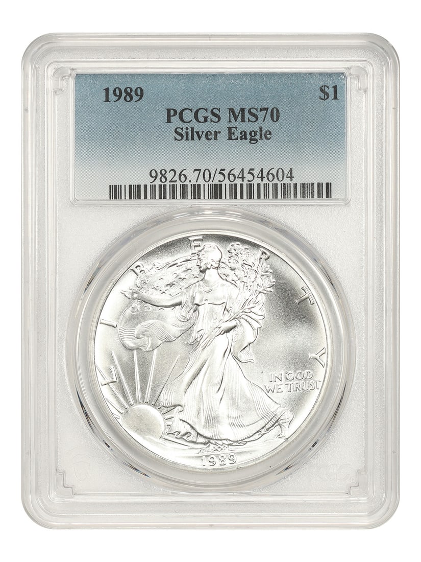 1989 $1 Silver Eagle PCGS MS70 - Silver Eagles: 1989 $1 Silver Eagle PCGS MS70 - Silver Eagles The 1989 $1 Silver Eagle is a highly sought-after coin, certified by the PCGS as MS70, the highest grade possible. This uncirculated coin bears the mark 