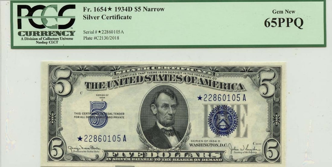 1934D $5 Silver Cert Narrow Fr# 1654* PCGS Gem 65PPQ: 1934D $5 Silver Cert Narrow Fr# 1654* PCGS Gem 65PPQ The 1934D $5 Silver Cert Narrow Fr# 1654* is a highly graded, uncirculated example of a rare and highly sought-after currency. This PCGS Gem 65PPQ