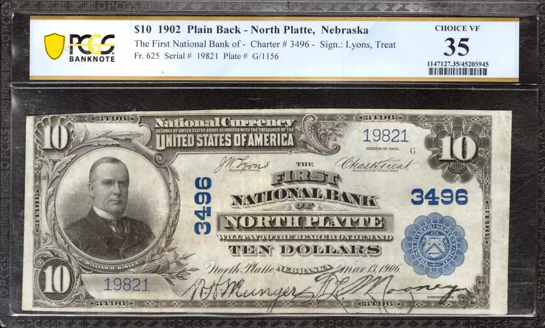 FIRST NATIONAL BANKNOTE 1902 35 PCGS NORTH PLATTE NEBRASKA CURRENCY VF: FIRST NATIONAL BANKNOTE 1902 35 PCGS NORTH PLATTE NEBRASKA CURRENCY VF The 1902 $10 First National Banknote is a circulated example, graded 35 by PCGS, featuring a notable serial number 19821. This