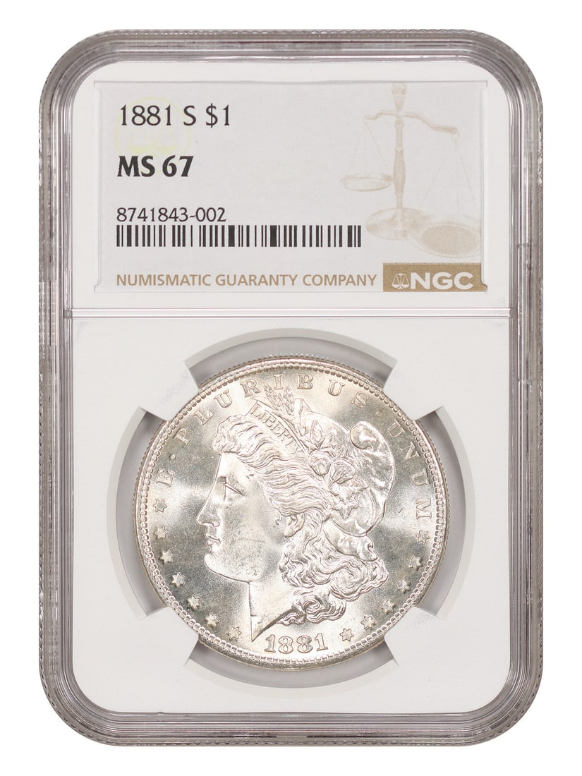 1881-S $1 NGC MS67 - Morgan Dollar - Popular Collector Date: 1881-S $1 NGC MS67 - Morgan Dollar - Popular Collector Date The 1881-S $1 Morgan Dollar is a highly sought-after collector's item, featuring a striking San Francisco mint mark and a grade of MS67 from