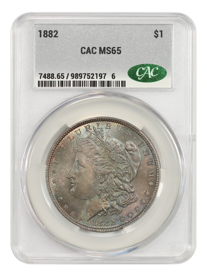 1882 $1 CACG MS65 - Morgan Dollar: 1882 $1 CACG MS65 - Morgan Dollar The 1882 $1 CACG MS65 Morgan Dollar is a highly graded uncirculated coin, certified by the CACG with a certification number of 989752197, showcasing exceptional condi