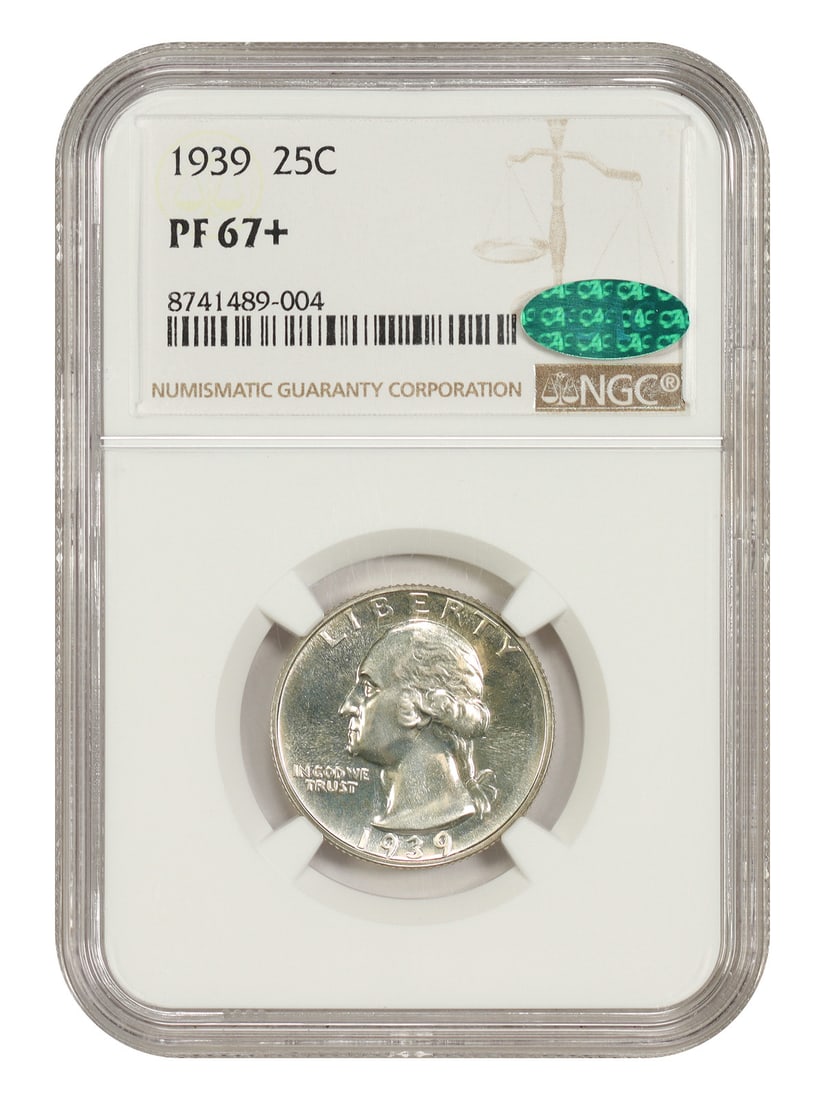 25C NGC CAC PR67+ Washington Quarter: 25C NGC CAC PR67+ Washington Quarter The 1939 Washington Quarter, graded PR67+ by the Numismatic Guaranty Corporation (NGC), boasts exceptional condition with subtle nuances in its luster and strike. 