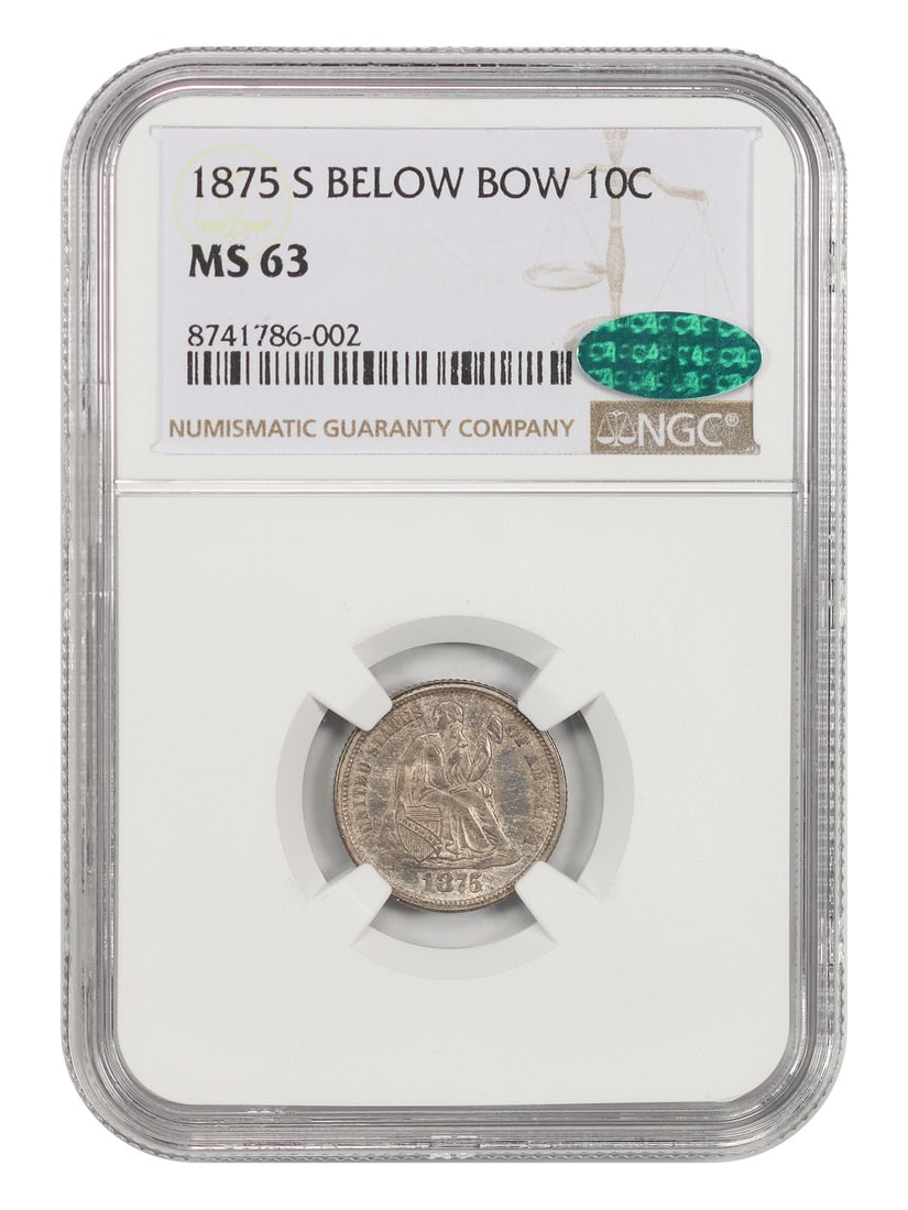 1875-S 10C NGC/ CAC MS63 (Mintmark Below Bow) - Liberty Seated Dime: 1875-S 10C NGC/ CAC MS63 (Mintmark Below Bow) - Liberty Seated Dime The 1875-S 10C NGC/ CAC MS63 (Mintmark Below Bow) - Liberty Seated Dime is a highly detailed and well-certified coin, bearing the ma