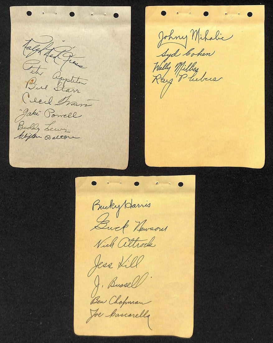 1936 Washington Nationals Team Signed (32) Album Pages Harris HOF 204550: 1936 Washington Nationals Team Signed (32) Album Pages Harris HOF 204550 32 signed album pages from the 1936 Washington Nationals baseball team, featuring a total of 32 signatures, including Harris HO