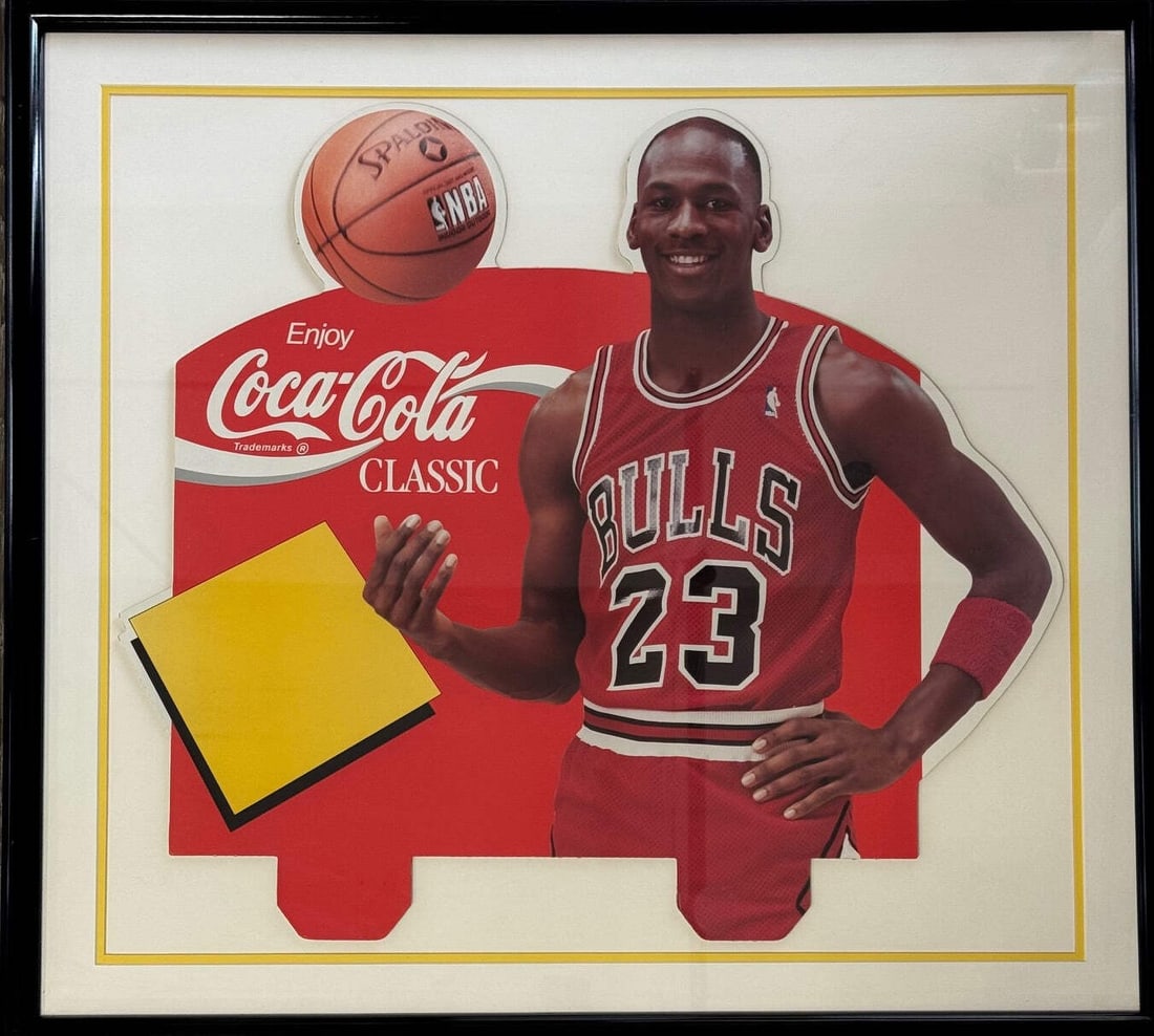 Vintage Unused Michael Jordan Coca Cola Cardboard CutOut Store Display Framed: Vintage Unused Michael Jordan Coca Cola Cardboard CutOut Store Display Framed 32 x 35 framed cardboard cutout of Michael Jordan, a unique store display piece from Coca Cola, measures 32 x 35. This vin