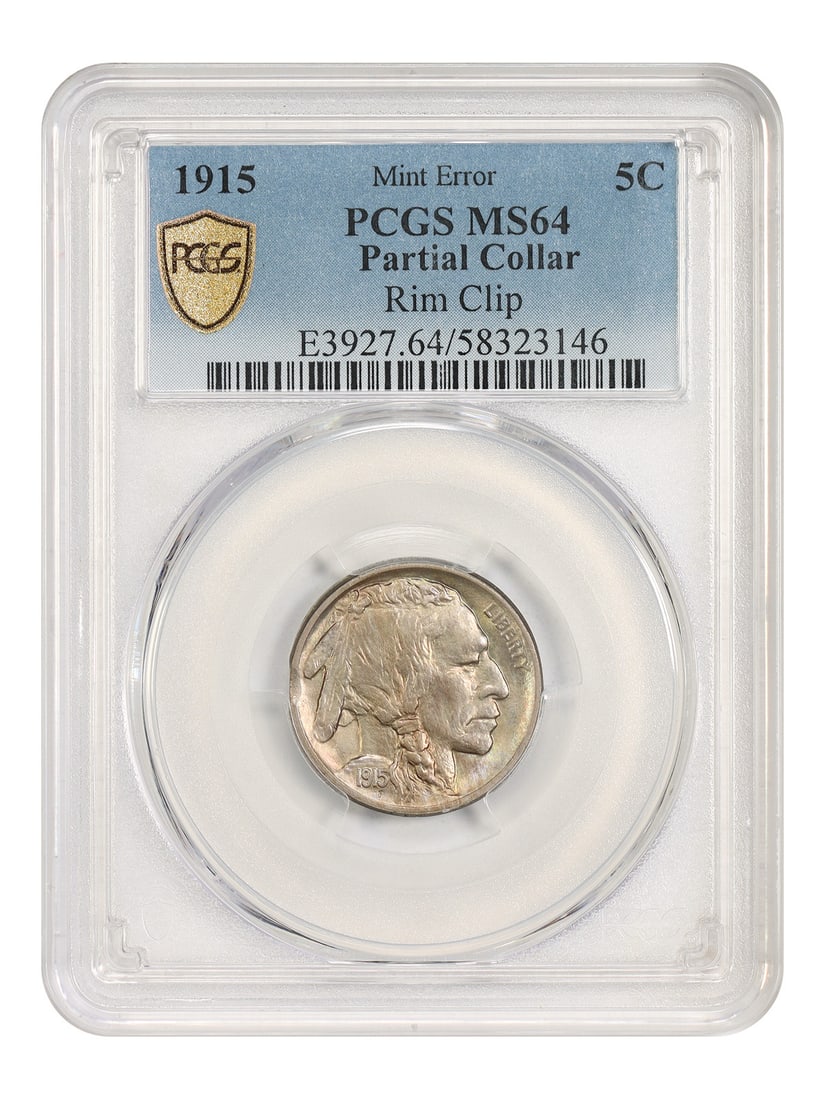 PCGS MS64 Partial Collar Rim Clip Error 5C 1915 Buffalo Nickel: PCGS MS64 Partial Collar Rim Clip Error 5C 1915 Buffalo Nickel The 1915 Buffalo Nickel is a highly sought-after coin, and this PCGS MS64 Partial Collar Rim Clip Error specimen is a rare and unique add