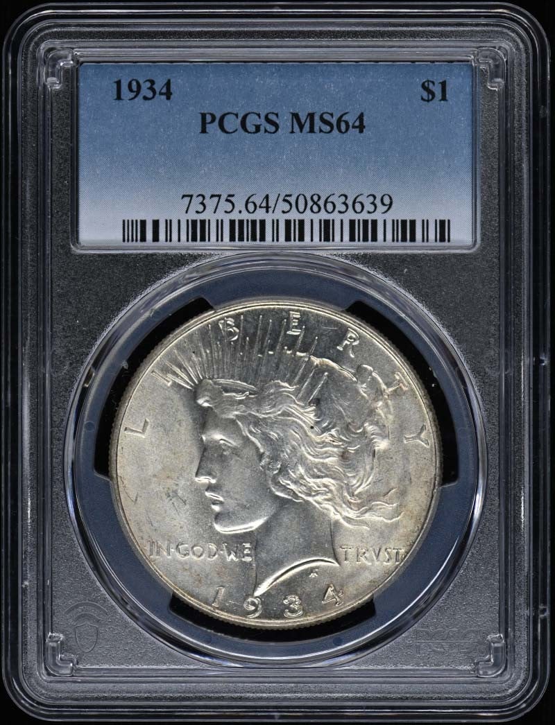 1934 $1 Peace Dollar PCGS MS64: 1934 $1 Peace Dollar PCGS MS64 The 1934 $1 Peace Dollar is a highly graded MS64 coin, certified by PCGS. This uncirculated coin was minted in Philadelphia and features a striking design. Its MS64 grad