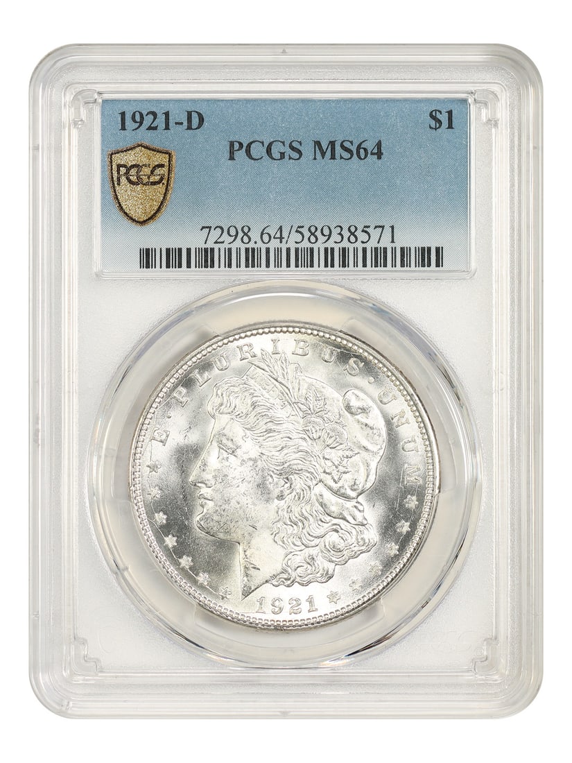 Final Year D-Mint Morgan Dollar 1921-D PCGS MS64: Final Year D-Mint Morgan Dollar 1921-D PCGS MS64 The 1921-D Morgan Dollar is a highly sought-after coin, and this MS64 specimen is a standout example. With its high grade and PCGS certification, this 