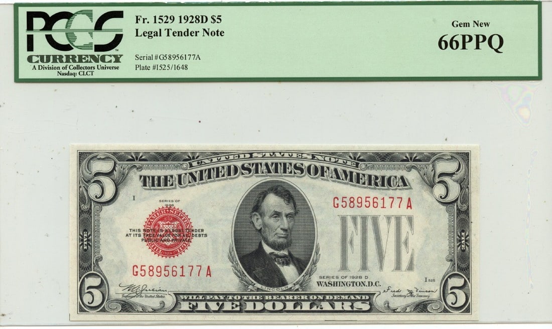 1928D $5 Legal Tender Note FR#1529 PCGS GEM 66 PPQ: 1928D $5 Legal Tender Note FR#1529 PCGS GEM 66 PPQ The 1928D $5 Legal Tender Note, graded MS66 by PCGS, boasts a stunning Gem condition, showcasing exceptional preservation and detail. This rare note,