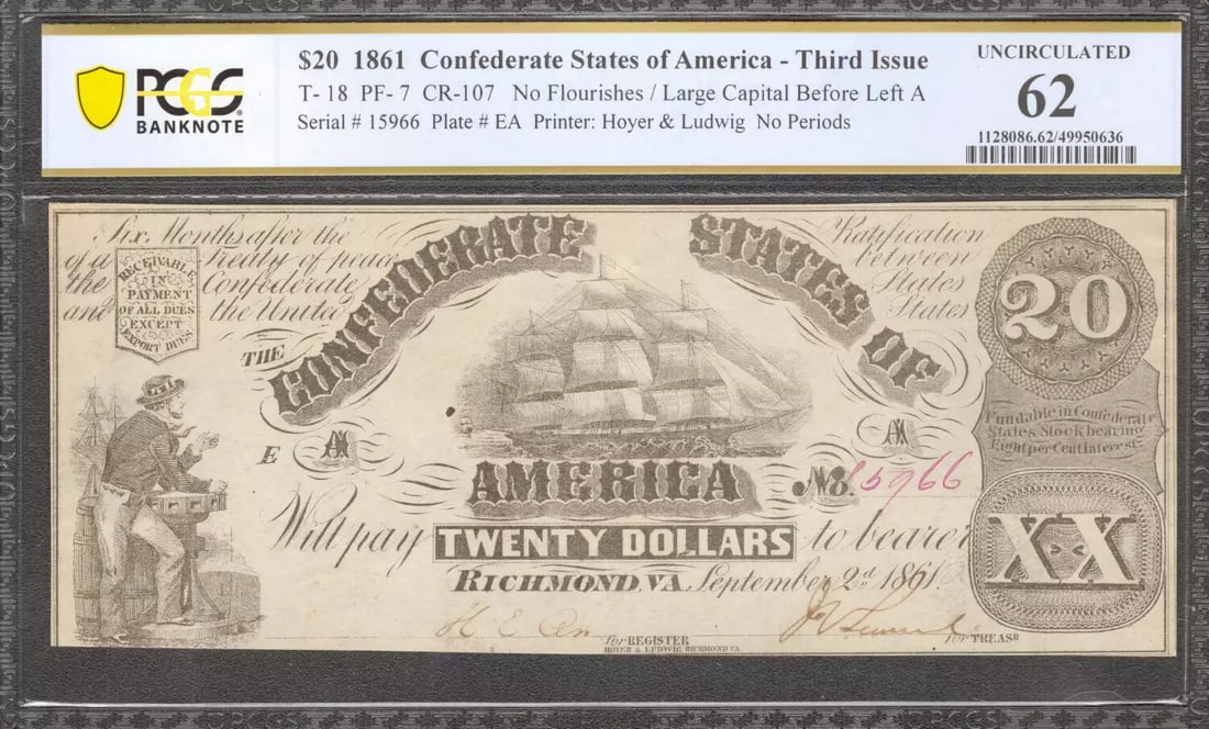 1861 $20 CONFEDERATE STATES OF AMERICA NOTE T-18 NO FLOURISHES PCGS 62 UNC (636) (1 of 2)