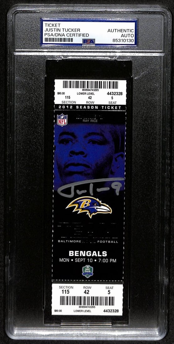 Justin Tucker Rookie Signed 2012 Full Ticket Ravens vs. Bengals PSA/ DNA 190601: Justin Tucker Rookie Signed 2012 Full Ticket Ravens vs. Bengals PSA/ DNA 190601 PSA/DNA authenticated and stamped on the front of a 2012 full ticket from the Ravens vs. Bengals game, this ticket featu