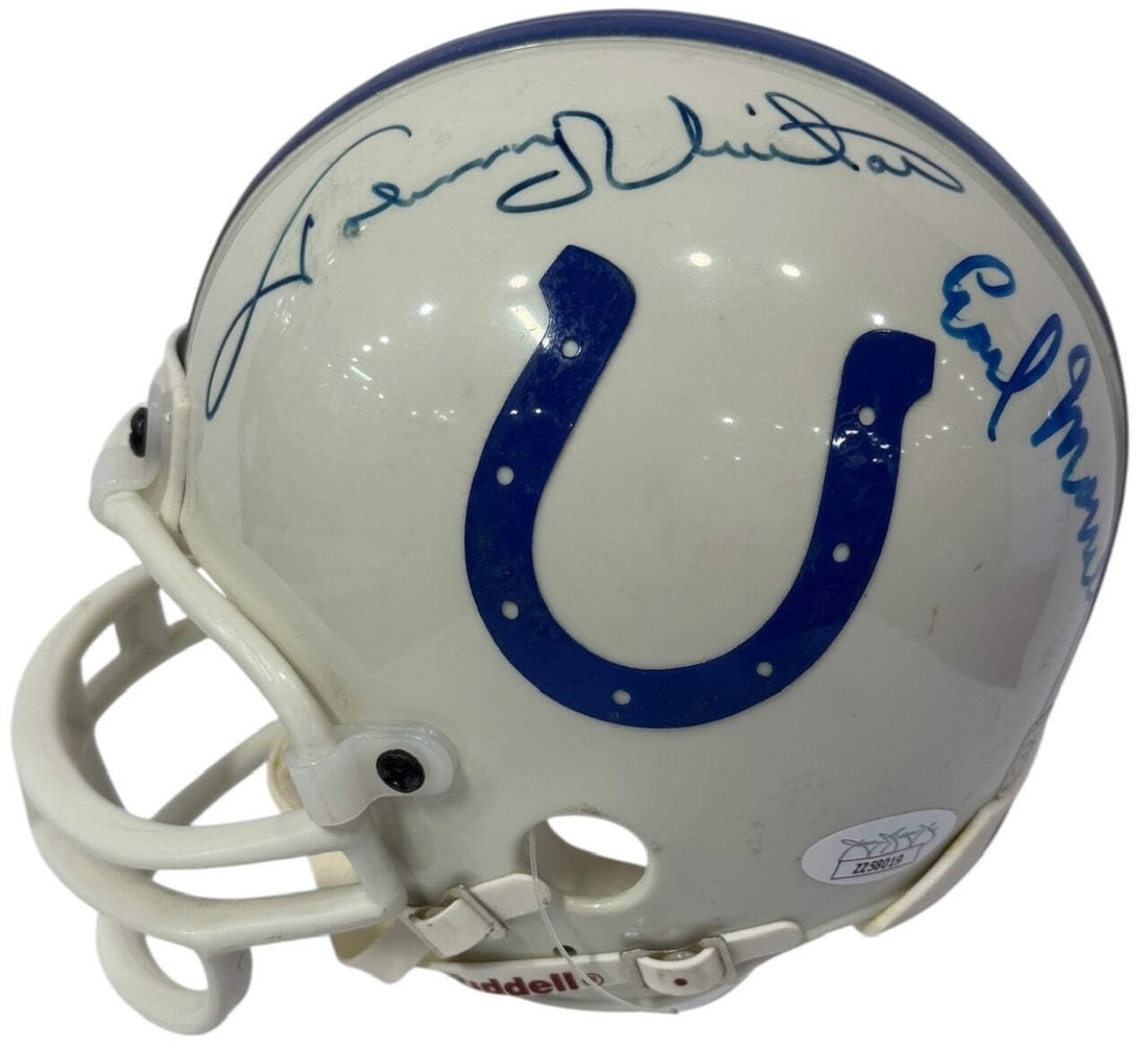 Johnny Unitas & Earl Morrall Autographed Colts Mini Helmet (JSA): Johnny Unitas & Earl Morrall Autographed Colts Mini Helmet (JSA) Signed in blue sharpie across the side of the helmet, this mini helmet bears the signatures of Johnny Unitas and Earl Morrall, two lege