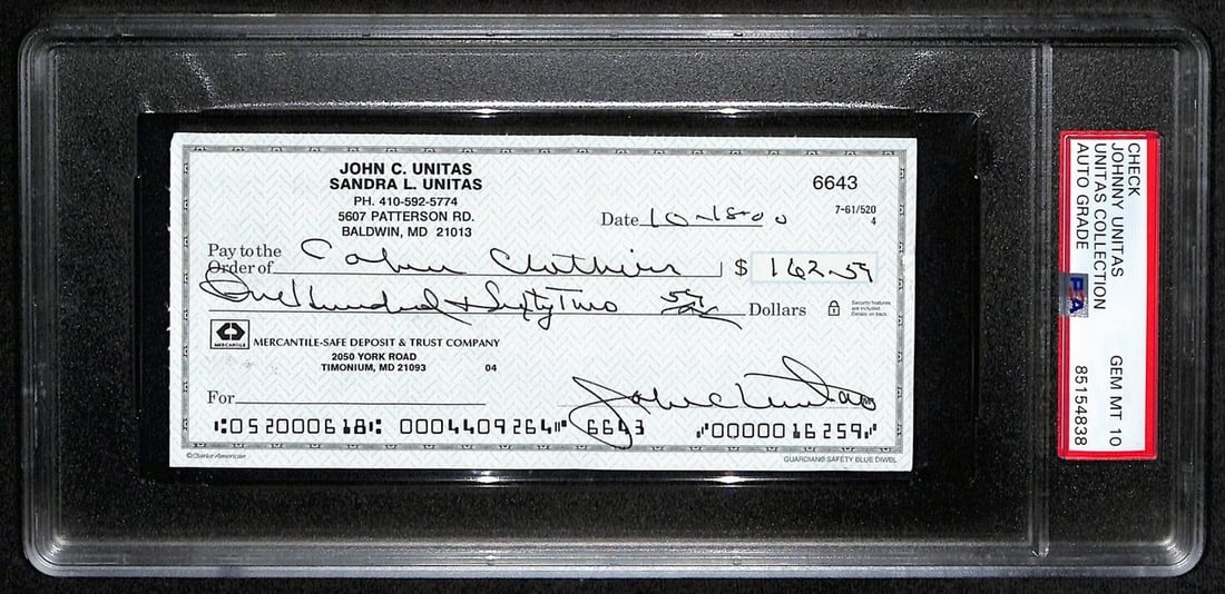 Johnny Unitas HOF Signed/ Auto 2000 Bank Check Colts PSA/ DNA GEM MT 10 189585: Johnny Unitas HOF Signed/ Auto 2000 Bank Check Colts PSA/ DNA GEM MT 10 189585 Item Specifics: Productname: Johnny Unitas HOF Signed/Auto 2000 Bank Check Colts PSA/DNA GEM M Original/Reprint: Original