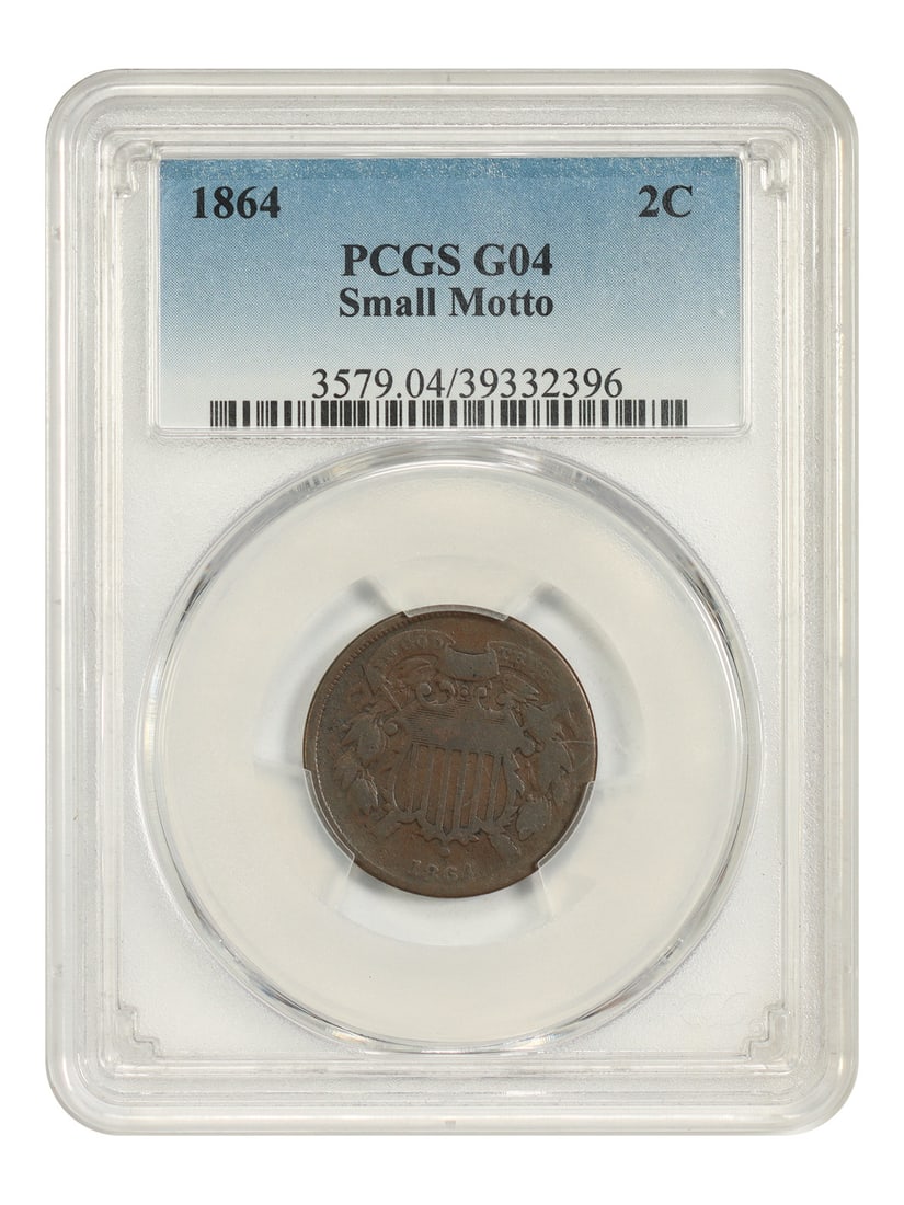 1864 2C PCGS Good 04 (Small Motto) - Two Cent - Affordable Key Date: 1864 2C PCGS Good 04 (Small Motto) - Two Cent - Affordable Key Date BN 1864 2C PCGS Good 04 (Small Motto) is a circulated example of the Two Cent coin from Philadelphia in 1864. This key date coin fea