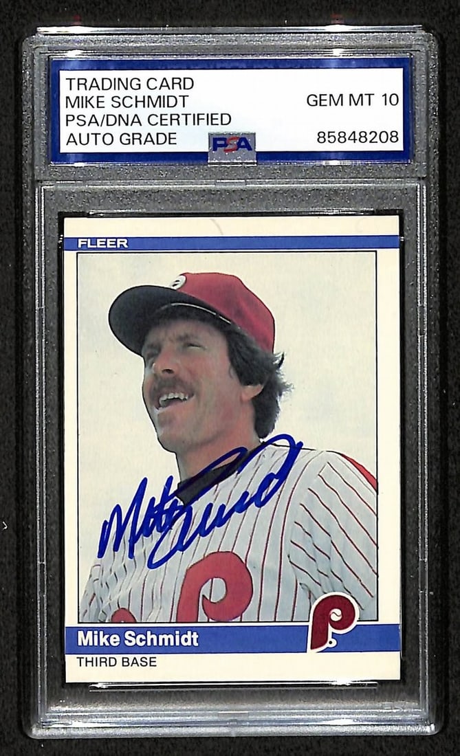 Mike Schmidt 1984 Fleer Card #48 Phillies HOF Signed PSA/ DNA Auto GEM 10 209356: Mike Schmidt 1984 Fleer Card #48 Phillies HOF Signed PSA/ DNA Auto GEM 10 209356 Signed by Mike Schmidt, this 1984 Fleer Card #48 features a GEM 10 209356 PSA/DNA Auto, showcasing a high level of auth