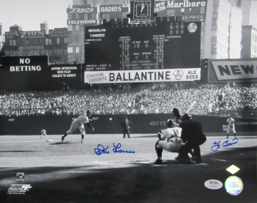 Yogi Berra Don Larsen Dual Signed 11x14 Photo Perfect Game Yankees: Yogi Berra Don Larsen Dual Signed 11x14 Photo Perfect Game Yankees Yogi Berra and Don Larsen's iconic 1951 perfect game Yankees photo bears the signatures of both baseball legends, a rare and unique p
