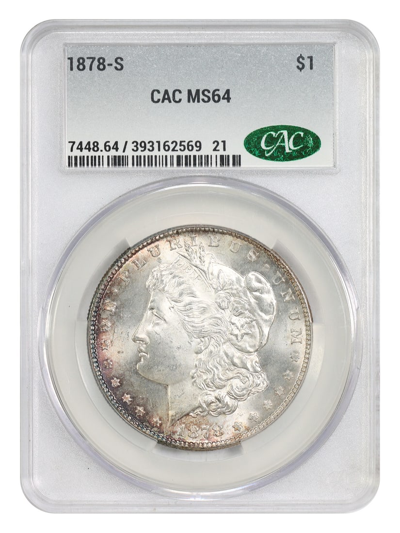 1878-S $1 CACG MS64 - Morgan Dollar - First Year S-Mint: 1878-S $1 CACG MS64 - Morgan Dollar - First Year S-Mint The 1878-S $1 CACG MS64 Morgan Dollar is a rare and highly sought-after coin from the first year of San Francisco minting. This uncirculated coi