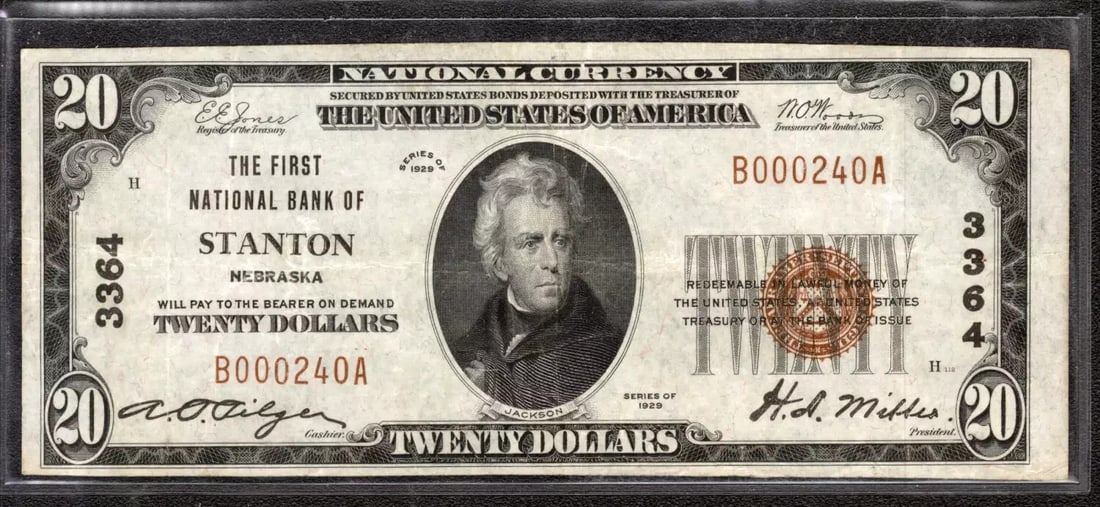STANTON NEBRASKA 1929 $20 FIRST NATIONAL BANKNOTE CURRENCY: STANTON NEBRASKA 1929 $20 FIRST NATIONAL BANKNOTE CURRENCY Bearing the distinctive design of the 1929 $20 First National Banknote, this circulated note features a unique serial number, B000240A, and i