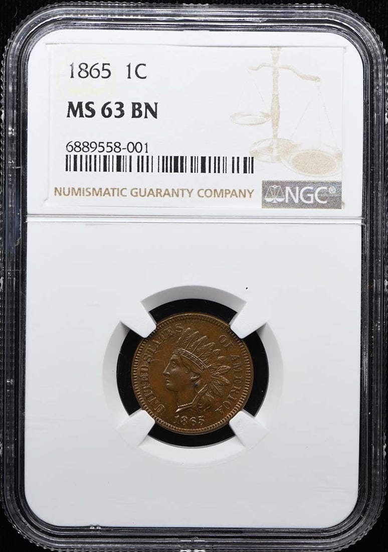 1865 Bronze Indian Cent 1C NGC MS63BN: 1865 Bronze Indian Cent 1C NGC MS63BN The 1865 Bronze Indian Cent is a rare and historic coin, graded MS63BN by the NGC, indicating its high level of preservation and detail. This uncirculated coin wa