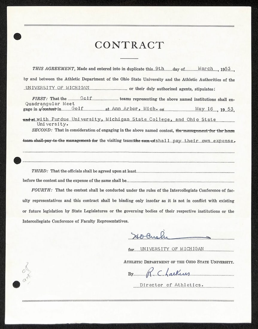 HOF Coach HOF Crisler Fritz Michigan Signed Contract Auto PSA BA199001: HOF Coach HOF Crisler Fritz Michigan Signed Contract Auto PSA BA199001 Signed contract from a legendary coach, featuring the iconic HOF Crisler Fritz, with a rare Michigan connection. This unique piec
