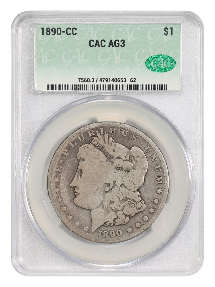 CC Mint 1890-CC Scarce Dollar CACG AG03 Morgan: CC Mint 1890-CC Scarce Dollar CACG AG03 Morgan The CC Mint 1890-CC Scarce Dollar CACG AG03 Morgan is a circulated example of a rare and highly sought-after coin. Certified by CACG with a unique