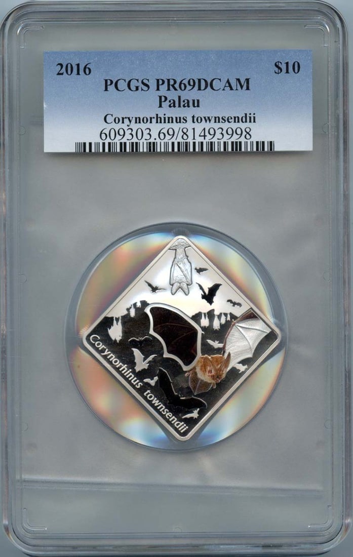 2016 $10 Palau Corynorhinus Townsendii PCGS PR69CAM: 2016 $10 Palau Corynorhinus Townsendii PCGS PR69CAM The 2016 $10 Palau Corynorhinus Townsendii PCGS PR69CAM is a high-grade uncirculated coin featuring a unique design and a grade of PR69, indicating