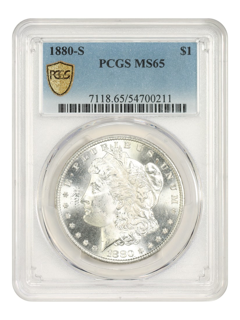 1880-S $1 PCGS MS65 - Morgan Dollar - Popular Collector Date: 1880-S $1 PCGS MS65 - Morgan Dollar - Popular Collector Date The 1880-S $1 Morgan Dollar is a highly sought-after collector's item, boasting a PCGS MS65 grade and a striking San Francisco mint mark.