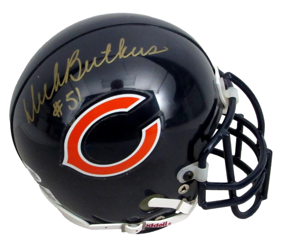 Dick Butkus HOF Bears Signed/ Auto Authentic Mini Football Helmet JSA 212668: Dick Butkus HOF Bears Signed/ Auto Authentic Mini Football Helmet JSA 212668 Signed by Dick Butkus, a legendary linebacker and Hall of Famer, this mini football helmet is a unique collectible for